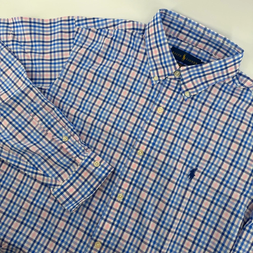 Polo Ralph Lauren Button Down Mens Large Blue Pink Check Performance Classic Fit